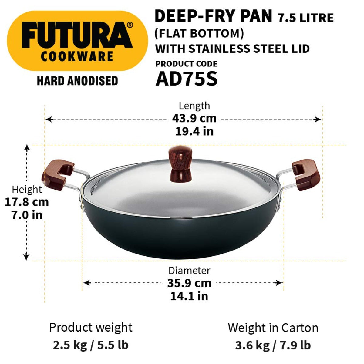 Futura Hard Anodised Deep Fry Pan Wok With Stainless Steel Lid by Hawkins AD75S