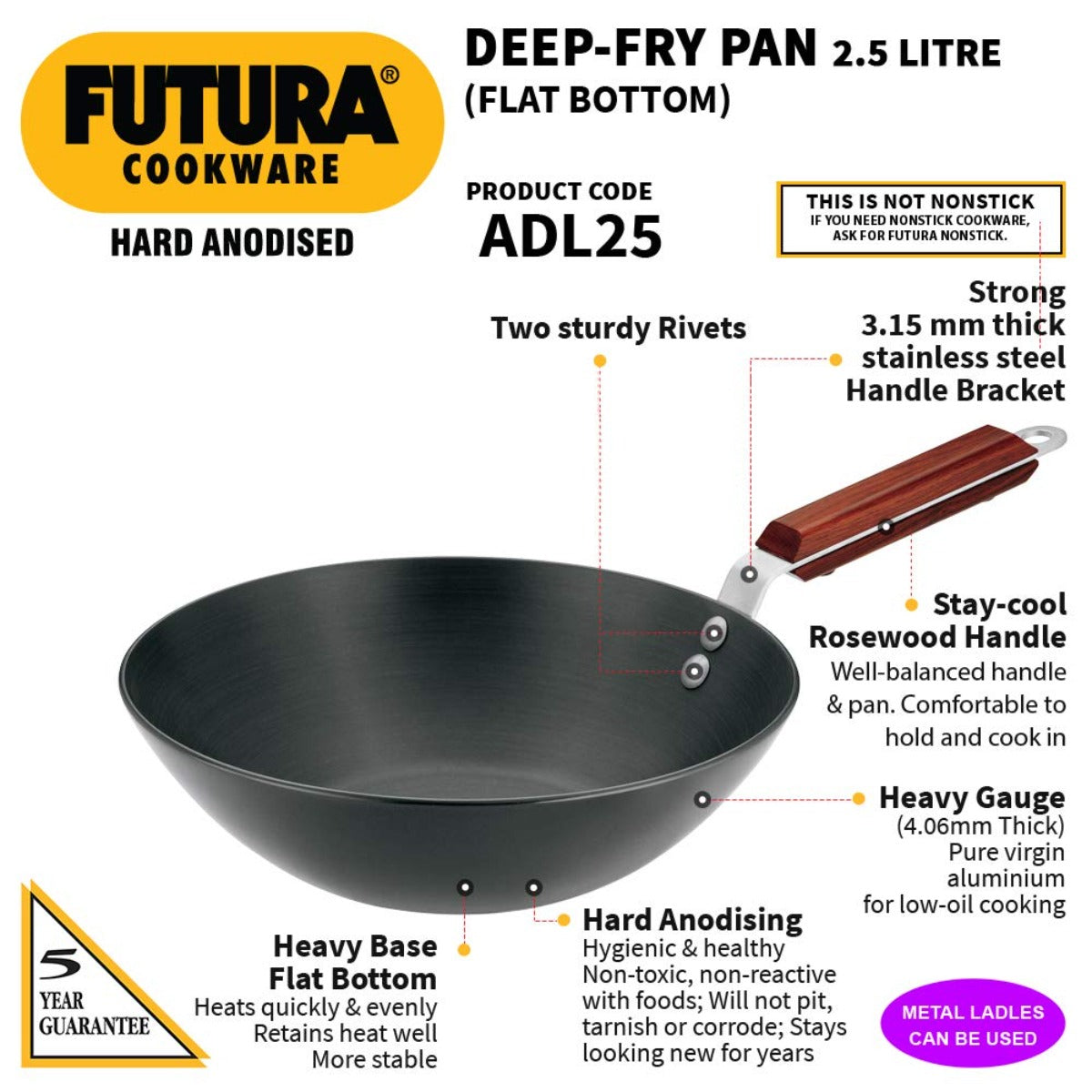 Futura Hard Anodised 2.5 Ltr Deep Fry Wok Pan (Flat Bottom) by Hawkins ADL25