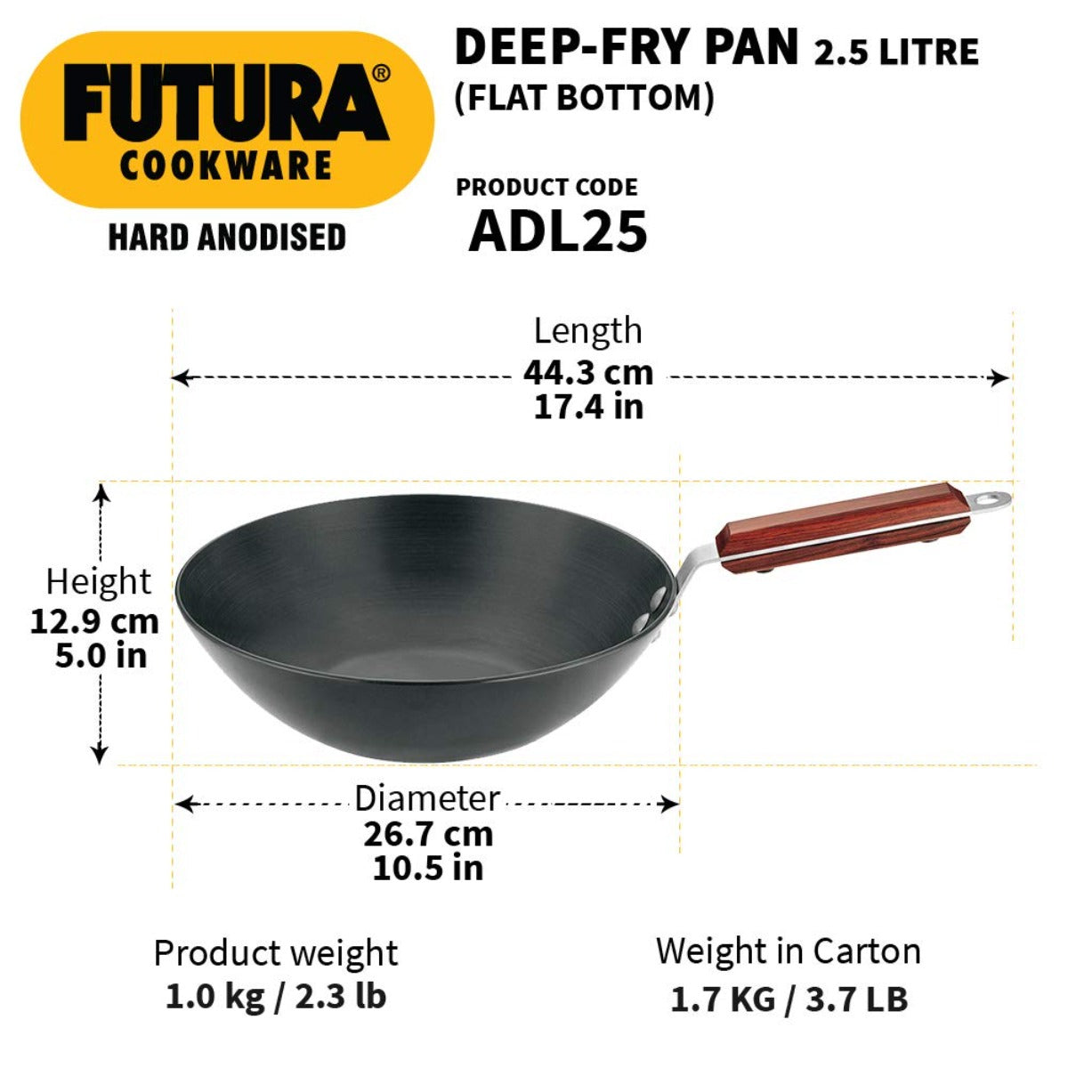 Futura Hard Anodised 2.5 Ltr Deep Fry Wok Pan (Flat Bottom) by Hawkins ADL25