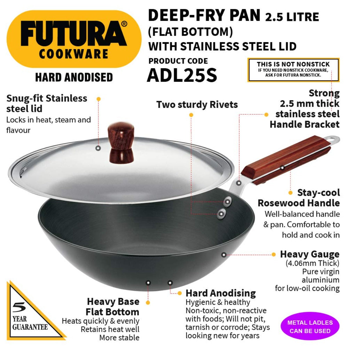 Futura Hard Anodised 2.5 Ltr Deep Fry Wok Pan (Flat Bottom) by Hawkins ADL25S