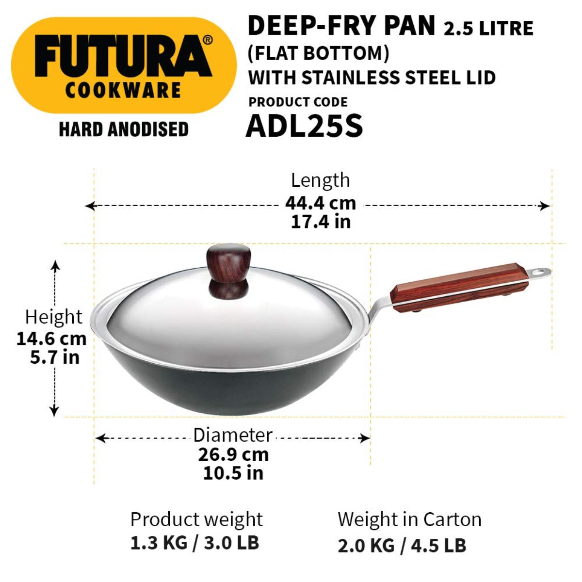 Futura Hard Anodised 2.5 Ltr Deep Fry Wok Pan (Flat Bottom) by Hawkins ADL25S