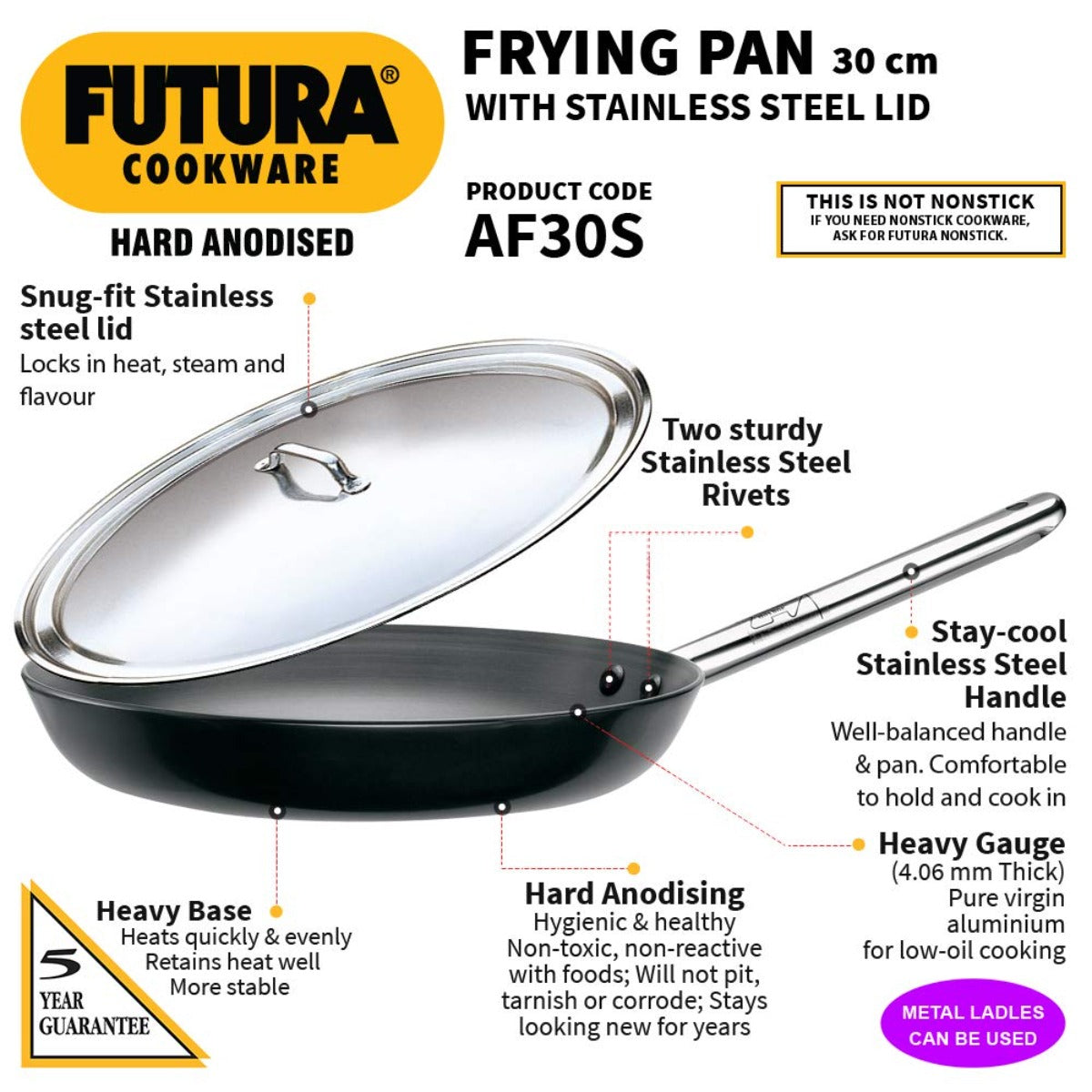 Futura Hard Anodised Frying Pan With Stainless Steel Lid by Hawkins AF29S