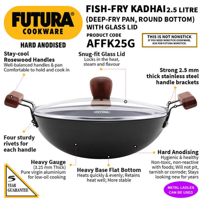 Futura Hard Anodised Fish Fry Wok 2.5 Ltr With Glass Lid by Hawkins (AFFK25G)