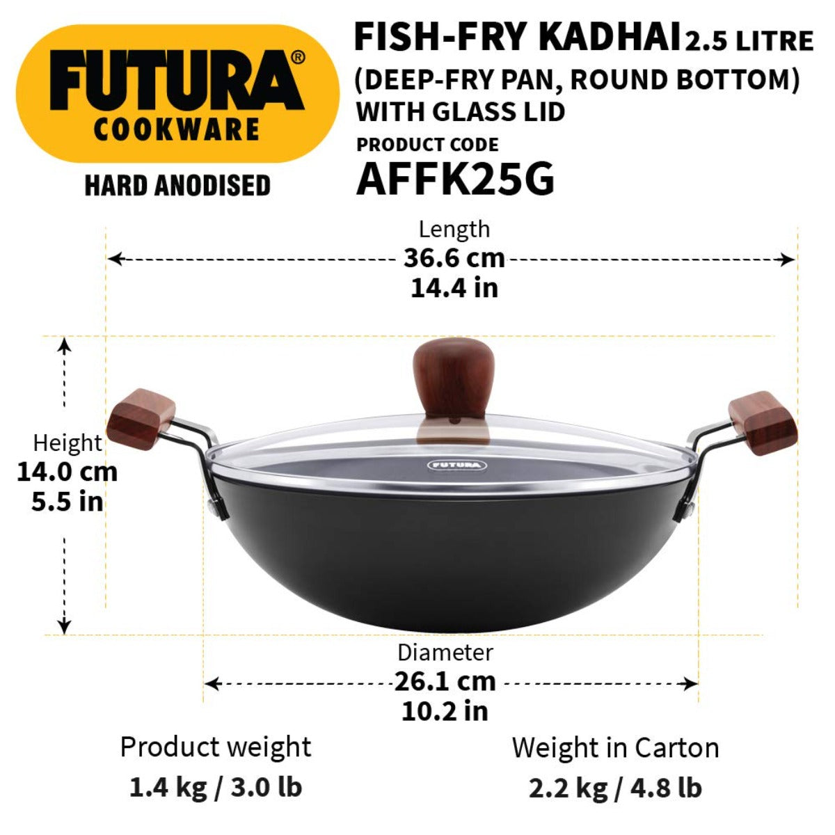 Futura Hard Anodised Fish Fry Wok 2.5 Ltr With Glass Lid by Hawkins (AFFK25G)