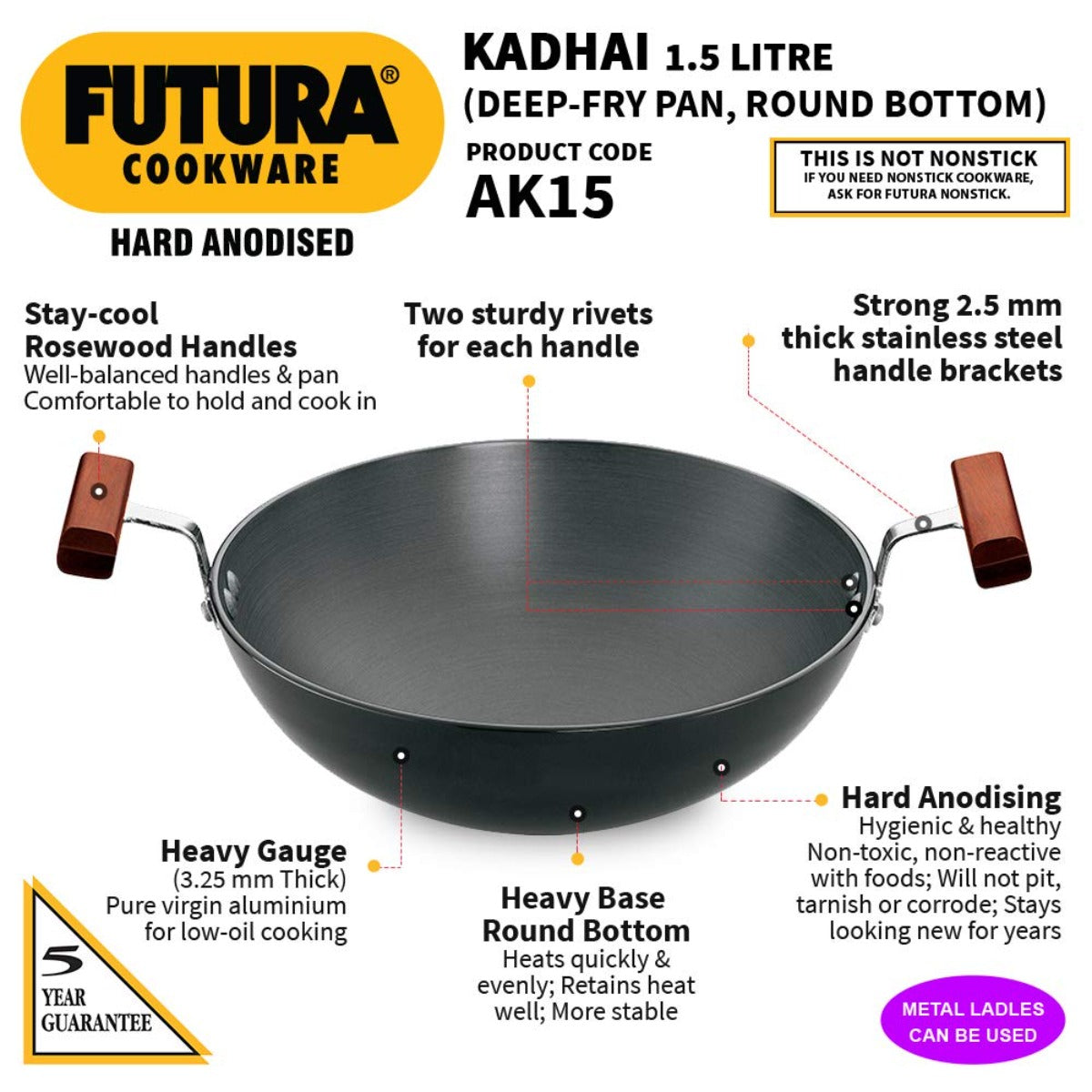 Futura Hard Anodised Deep Fry Wok Pan (Round Bottom) by Hawkins AK15