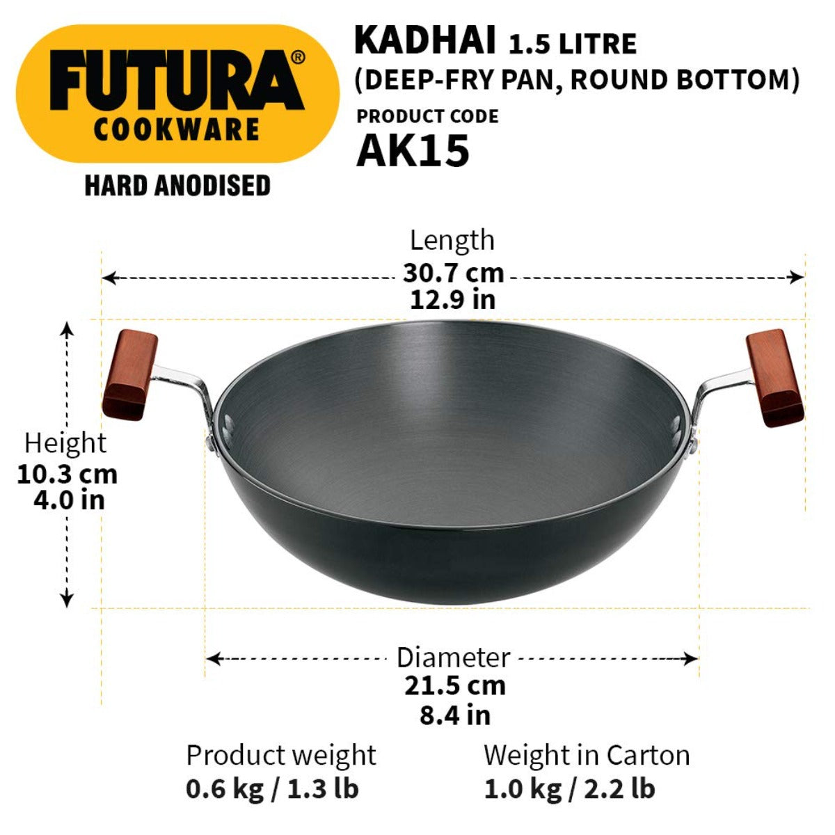 Futura Hard Anodised Deep Fry Wok Pan (Round Bottom) by Hawkins AK15