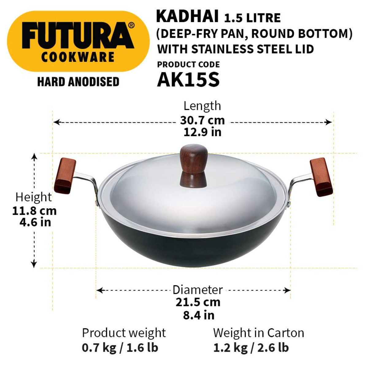 Futura Hard Anodised Deep Fry Pan Wok (Round Bottom) with Stainless Steel Lid by Hawkins AK15S