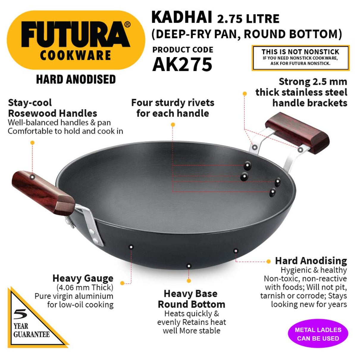 Futura Hard Anodised Deep Fry Wok Pan (Round Bottom) by Hawkins AK275