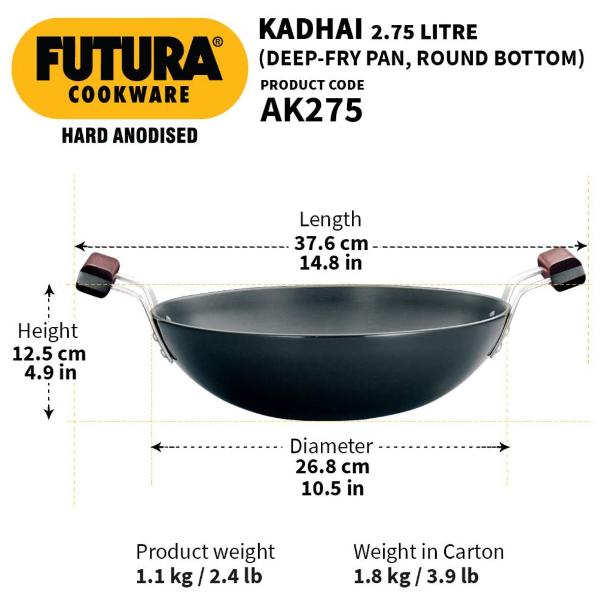 Futura Hard Anodised Deep Fry Wok Pan (Round Bottom) by Hawkins AK275