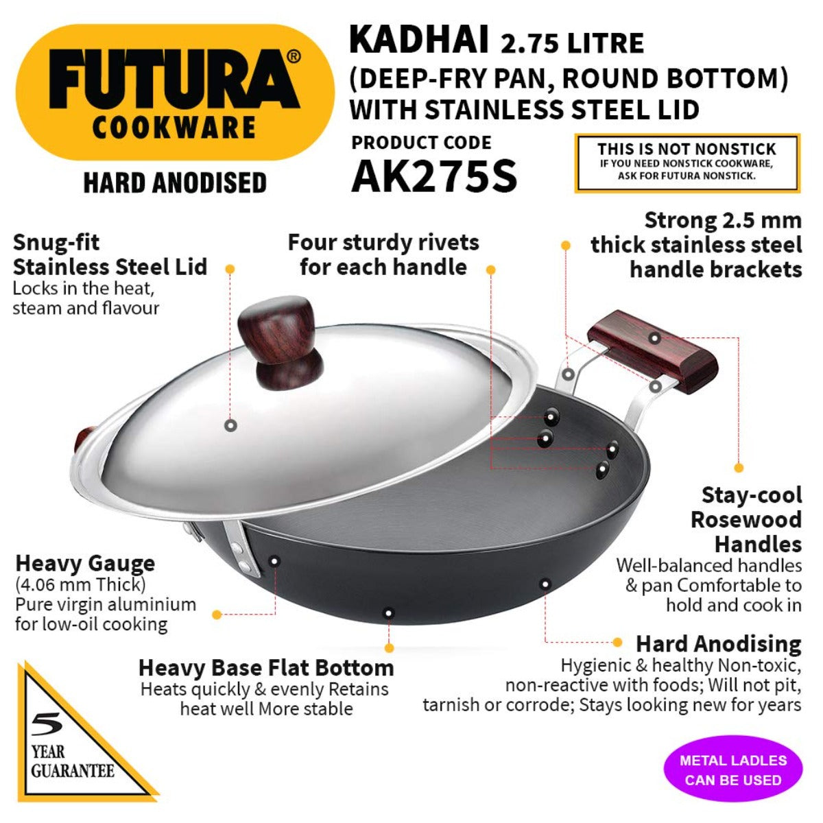 Futura Hard Anodised Deep Fry Pan Wok (Round Bottom) with Stainless Steel Lid by Hawkins AK275S