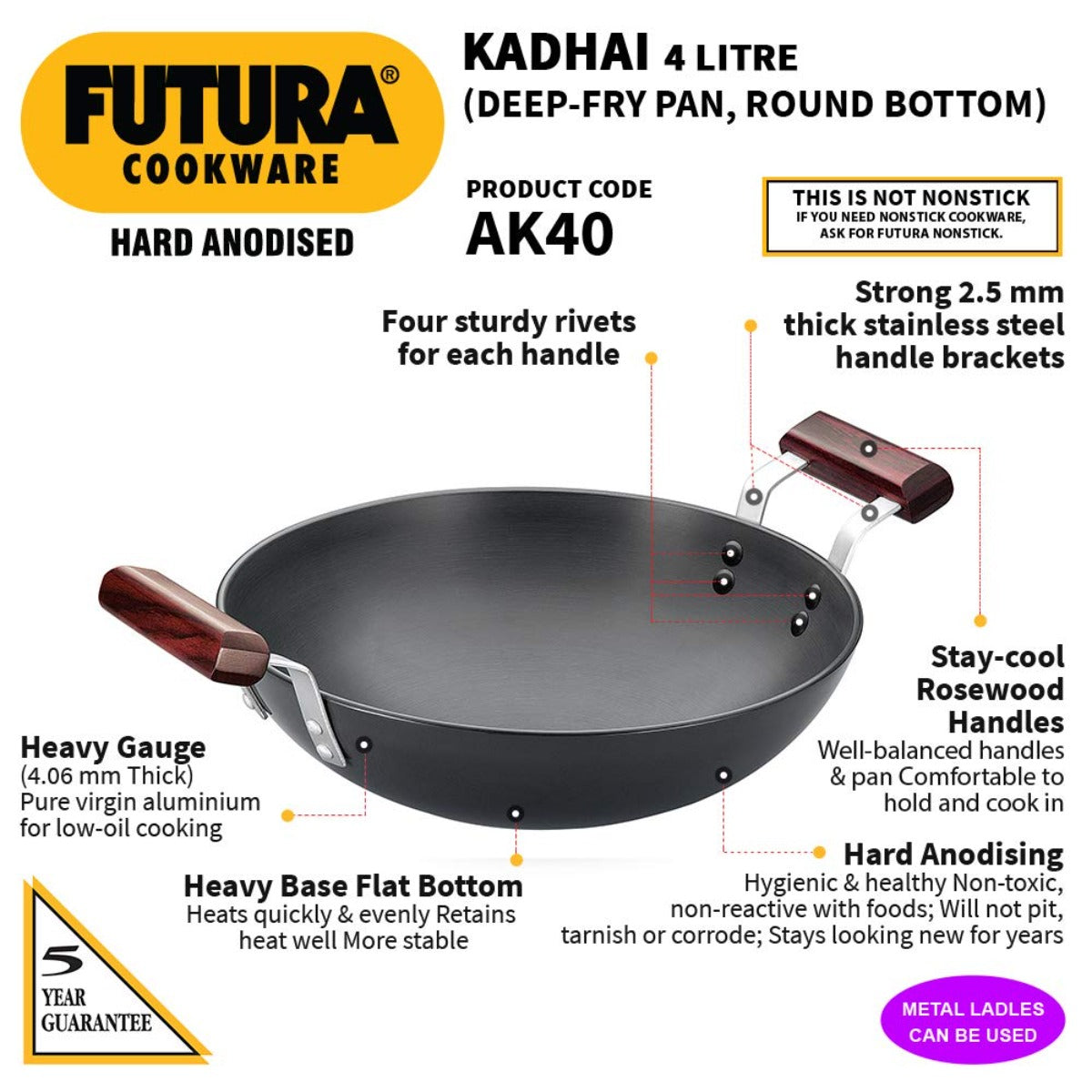 Futura Hard Anodised Deep Fry Wok Pan (Round Bottom) by Hawkins AK40