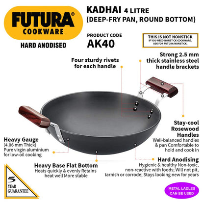 Futura Hard Anodised Deep Fry Wok Pan (Round Bottom) by Hawkins AK40