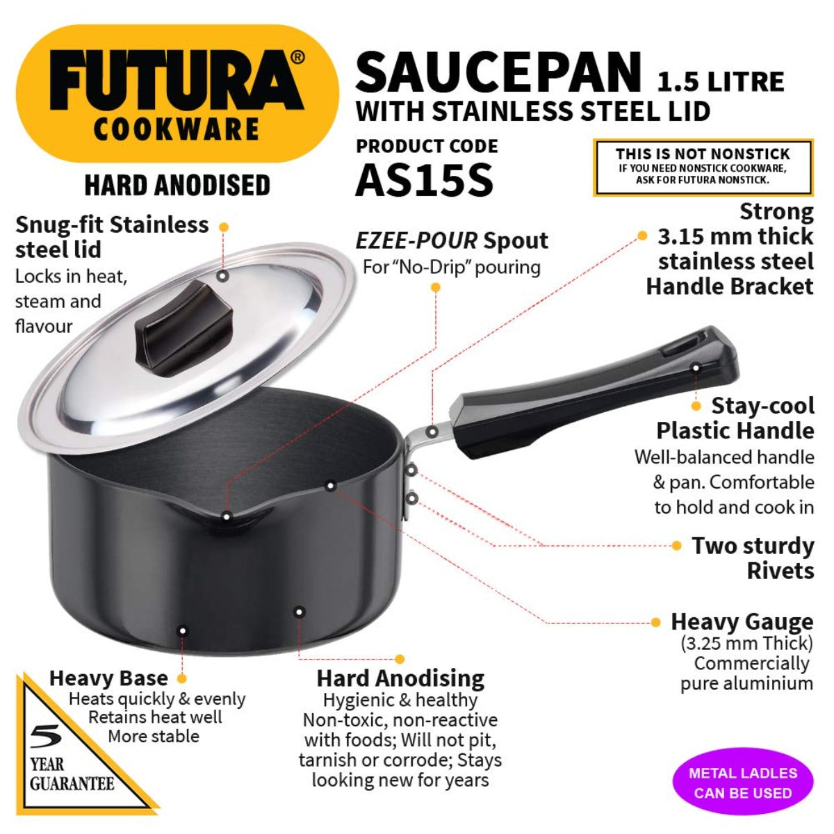 Futura Hard Anodised Ezee-pour Saucepan with SS Lid AS15S By Hawkins