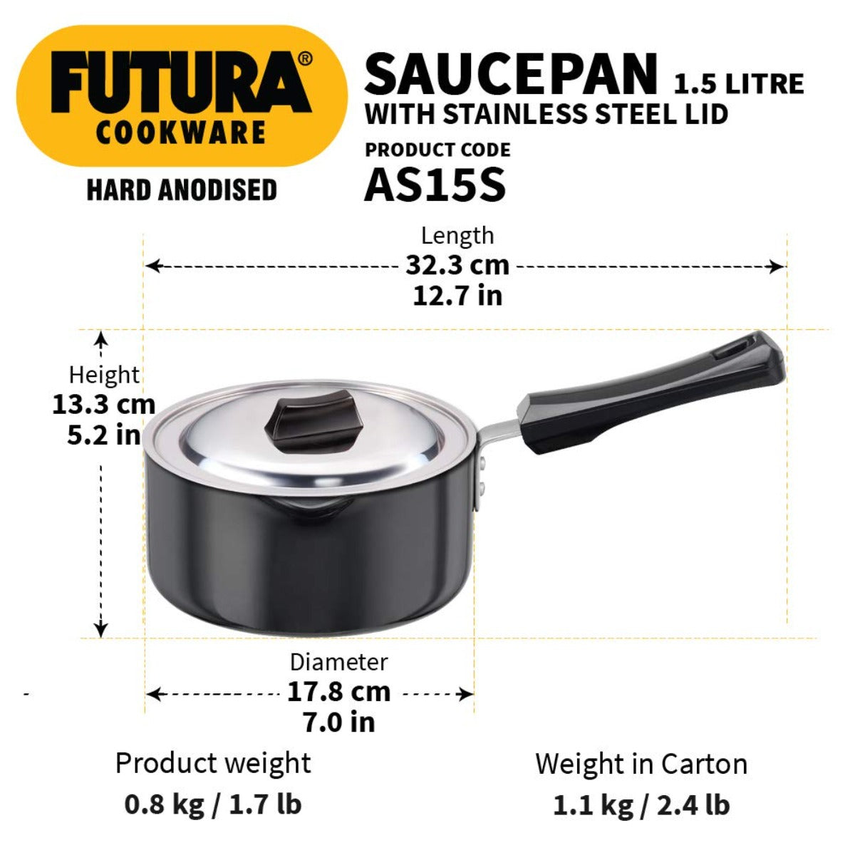 Futura Hard Anodised Ezee-pour Saucepan with SS Lid AS15S By Hawkins