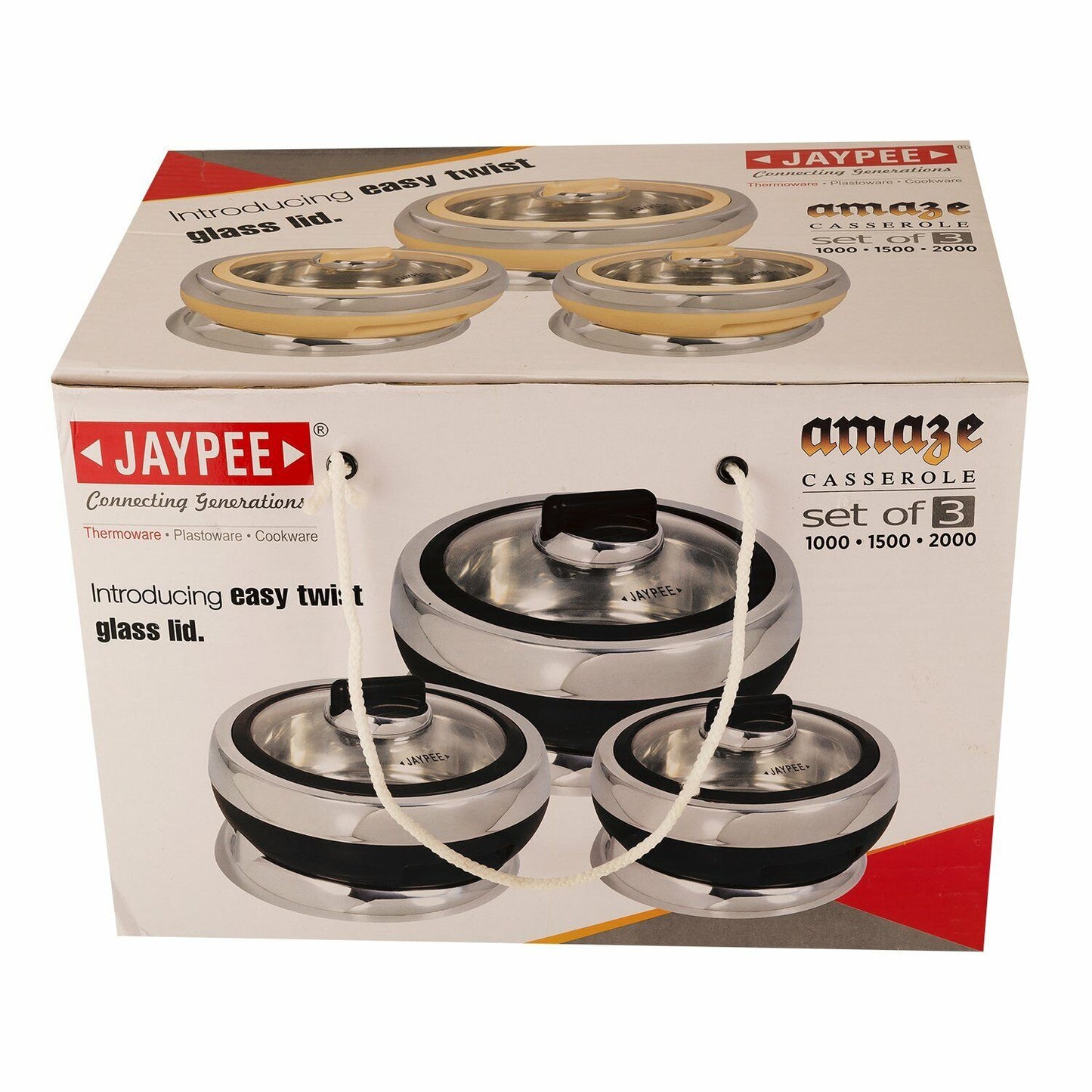 Jaypee Amaze Black Set of 3 Casserole Hot Pot Set 1000+1500+2000 ml Jr Gift Set