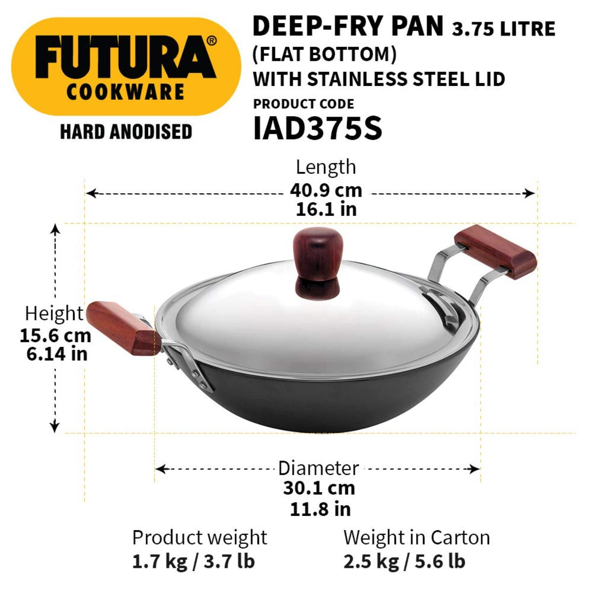 Futura Hard Anodised Induction Friendly Deep Fry Pan/Wok With SS Lid (IAD375S)