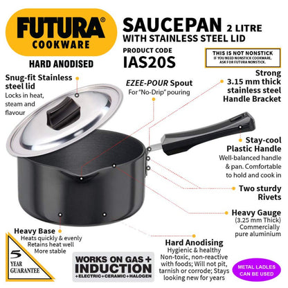 Futura Hard Anodised Induction Friendly Ezee-pour Saucepan With SS Lid (IAS20S) By Hawkins