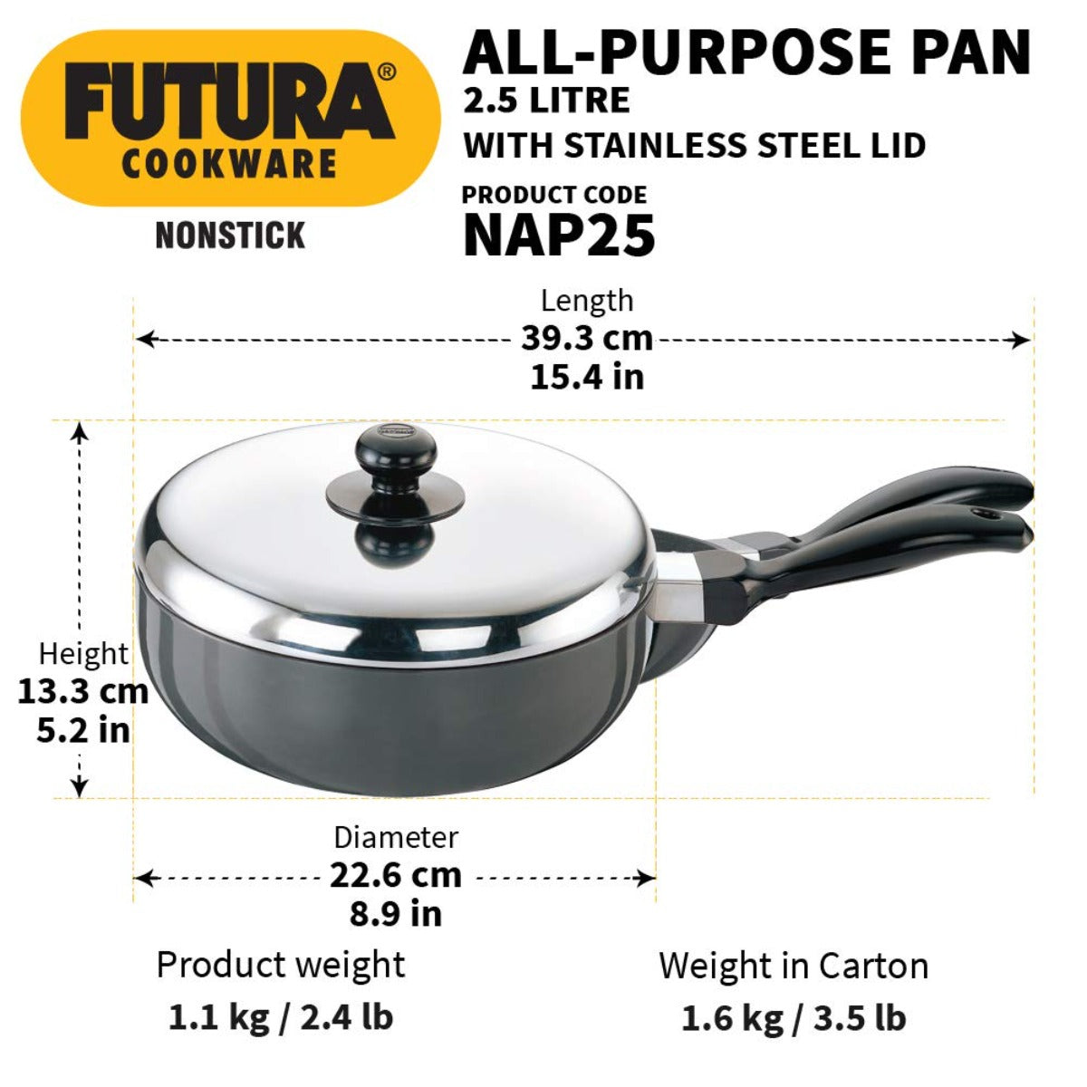 Futura Nonstick All Purpose Pan 2.5 Ltr With Lid By Hawkins NAP25