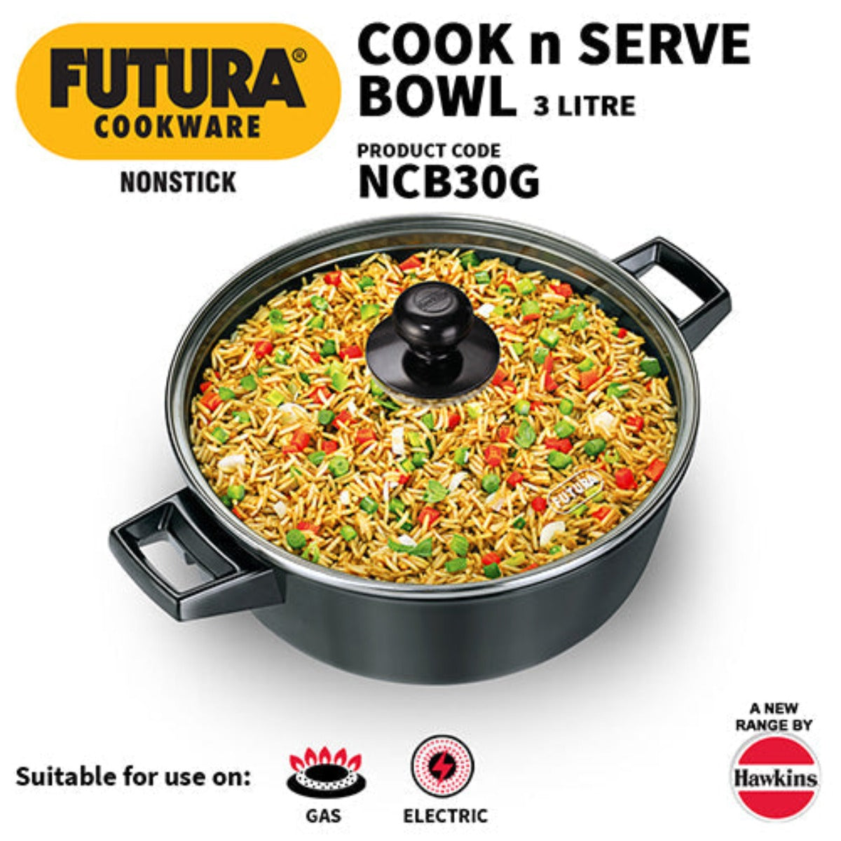 Futura Nonstick 3 Ltr Cook n Serve Bowl With Glass Lid By Hawkins NCB30G