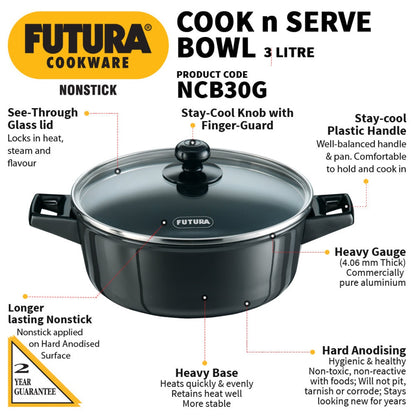 Futura Nonstick 3 Ltr Cook n Serve Bowl With Glass Lid By Hawkins NCB30G