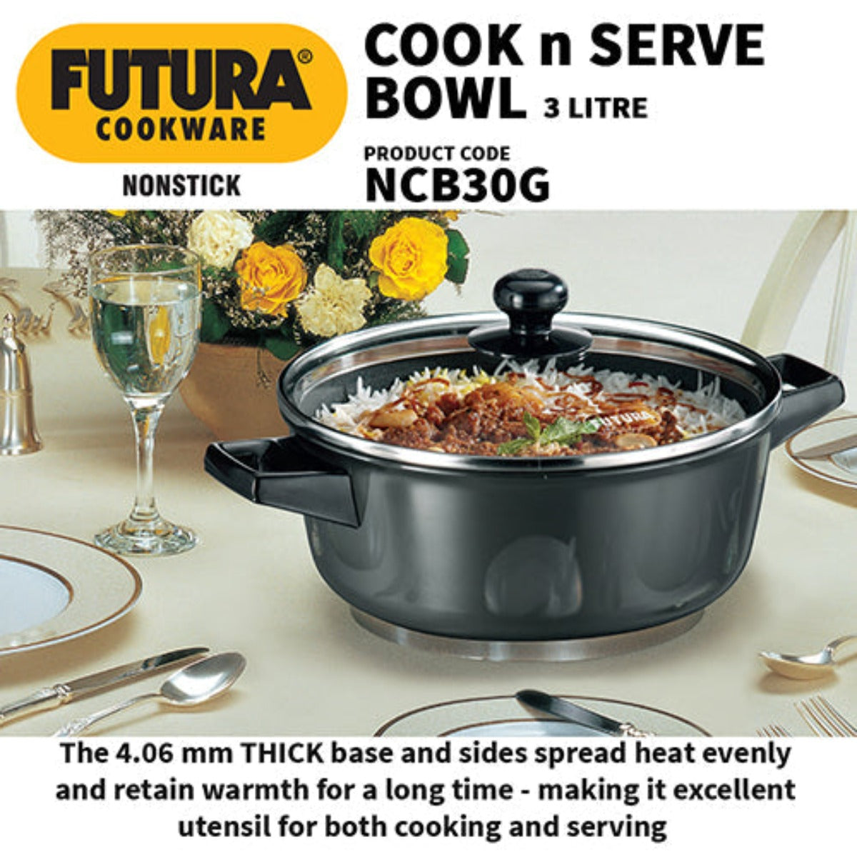 Futura Nonstick 3 Ltr Cook n Serve Bowl With Glass Lid By Hawkins NCB30G