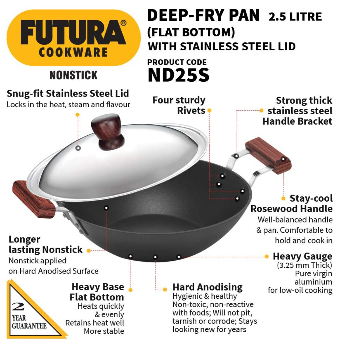 Futura Nonstick 2.5 Ltr Deep Fry Wok Pan (Flat Bottom) by Hawkins ND25S