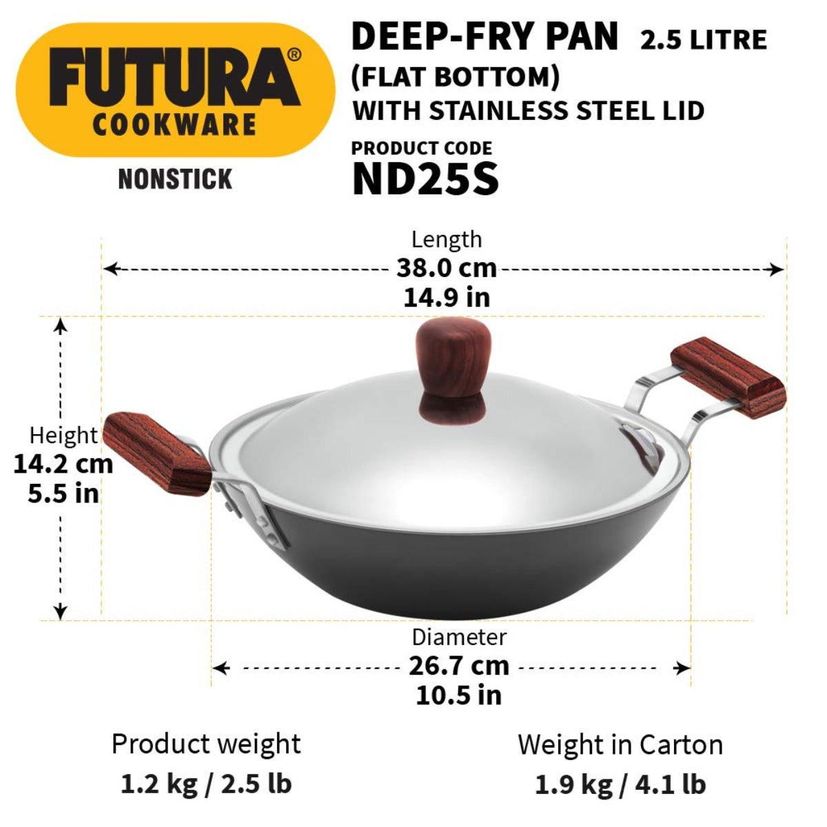 Futura Nonstick 2.5 Ltr Deep Fry Wok Pan (Flat Bottom) by Hawkins ND25S