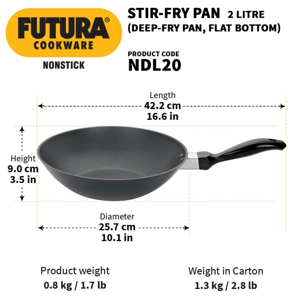 Futura Nonstick 2 Ltr Deep Fry Pan Wok (Flat Bottom, Long Handle) by Hawkins NDL20