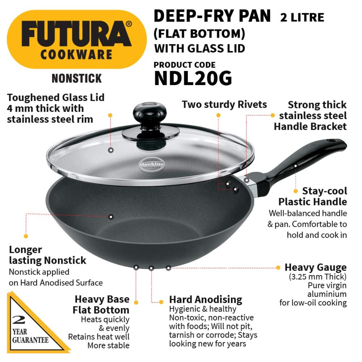 Futura Nonstick 2 Ltr Deep Fry Pan Wok (Flat Bottom, Long Handle) by Hawkins NDL20G