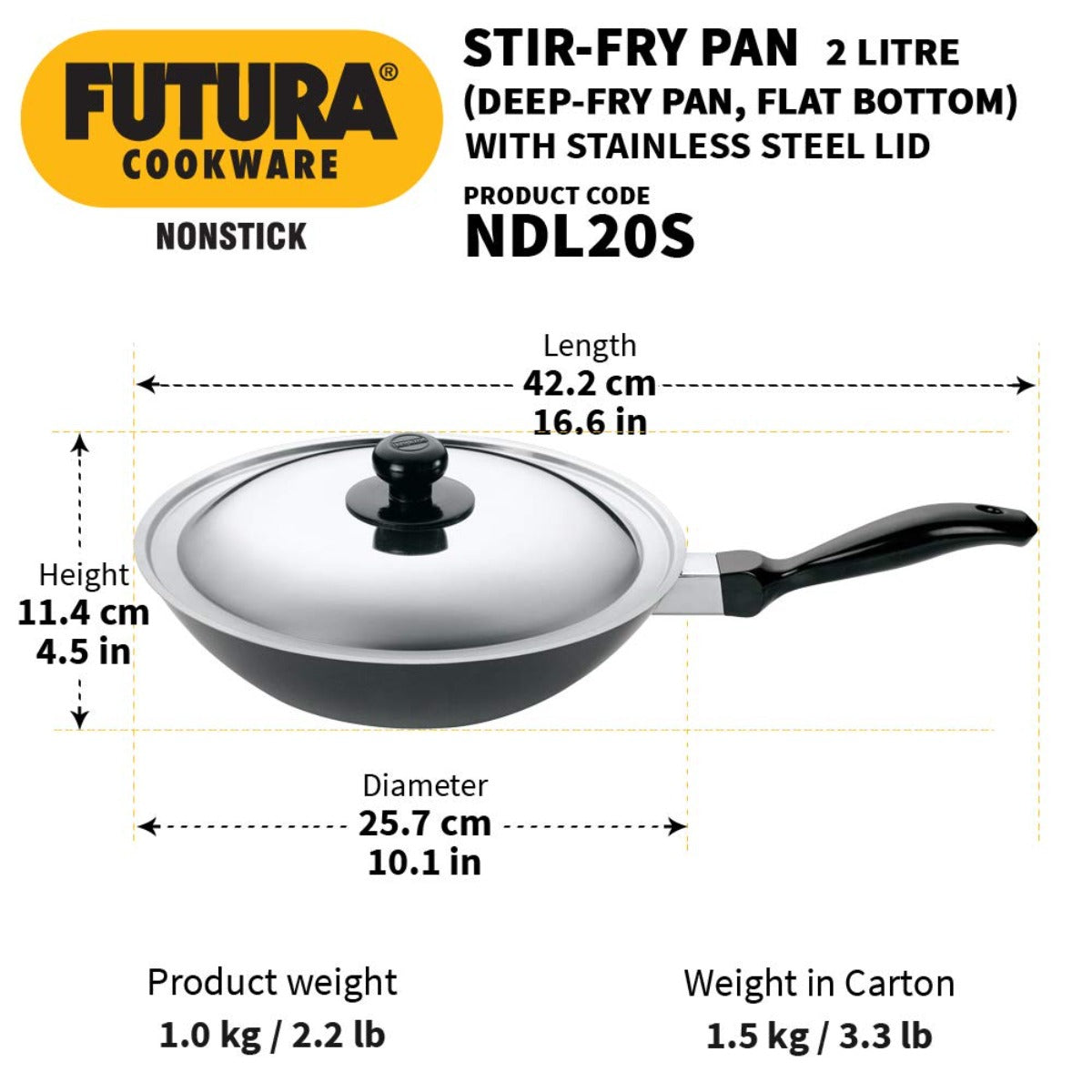 Futura Nonstick 2 Ltr Deep Fry Pan Wok (Flat Bottom, Long Handle) by Hawkins NDL20S