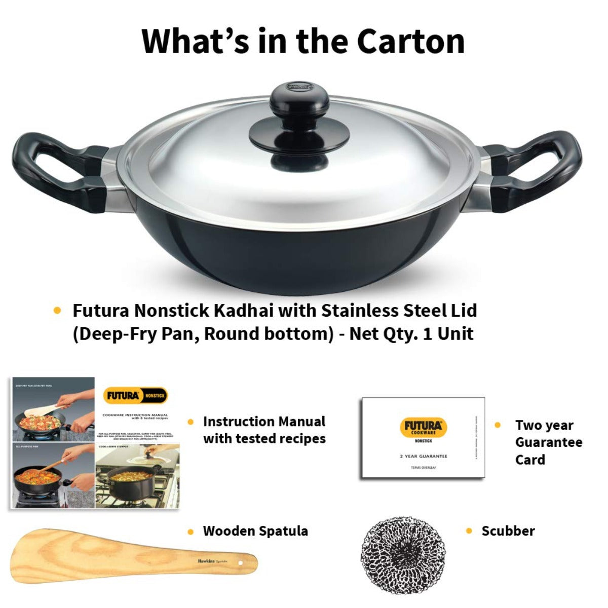 Futura Nonstick Deep Wok Pan (Round Bottom) With SS Lid by Hawkins