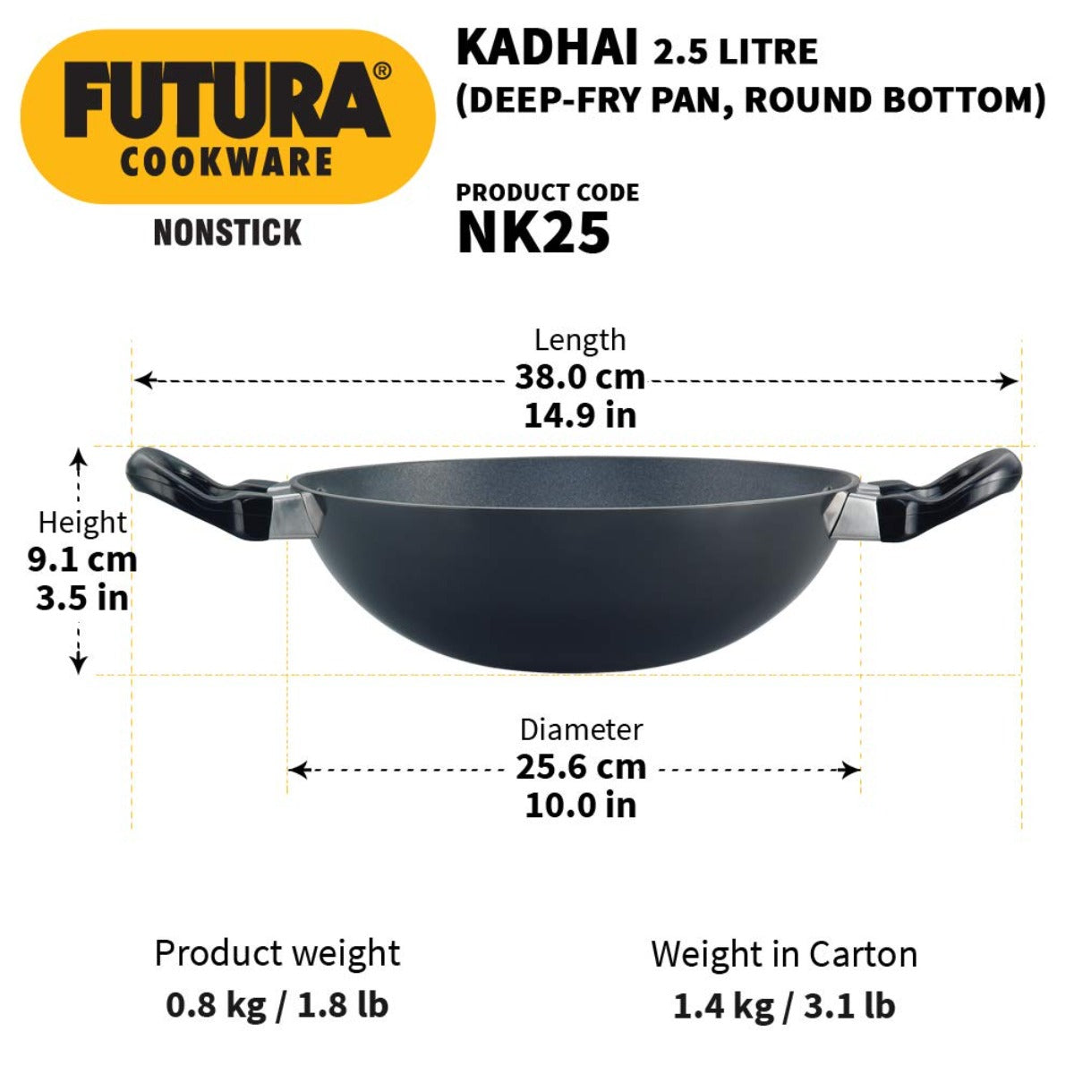 Futura Nonstick Deep Wok Pan Kadhai (Round Bottom) by Hawkins NK25