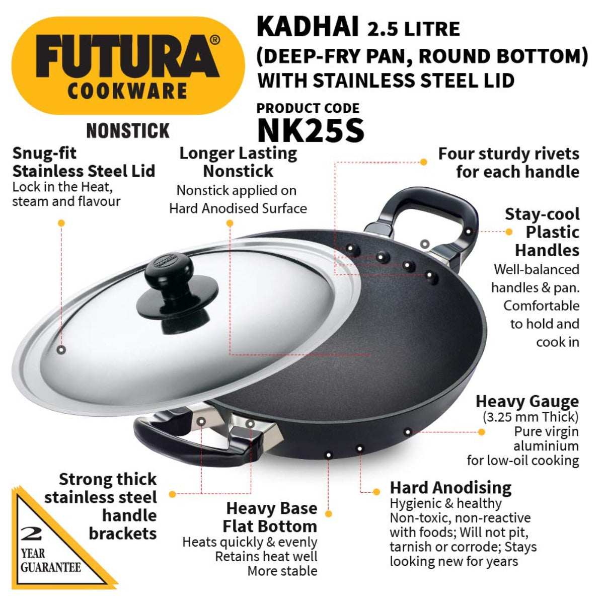 Futura Nonstick Deep Wok Pan (Round Bottom) With SS Lid by Hawkins NK25S