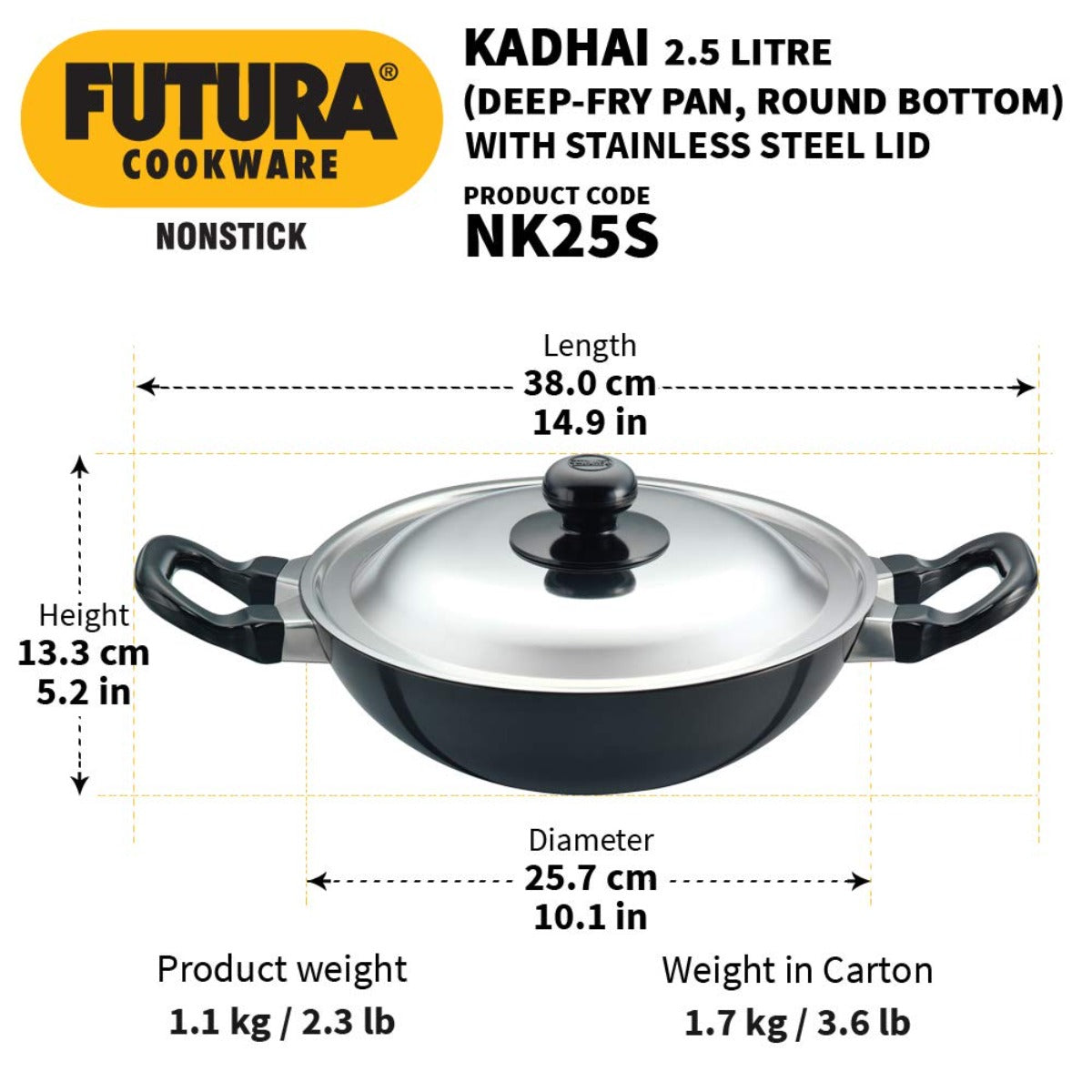 Futura Nonstick Deep Wok Pan (Round Bottom) With SS Lid by Hawkins NK25S