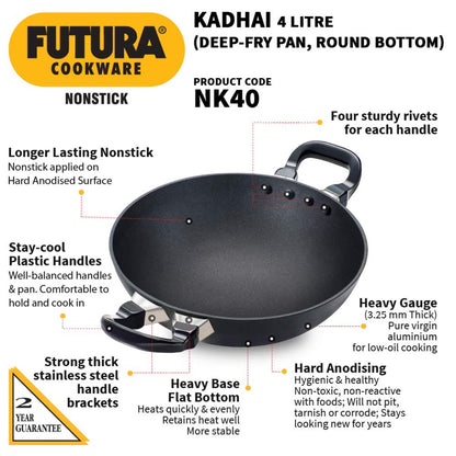 Futura Nonstick Deep Wok Pan Kadhai (Round Bottom) by Hawkins NK40