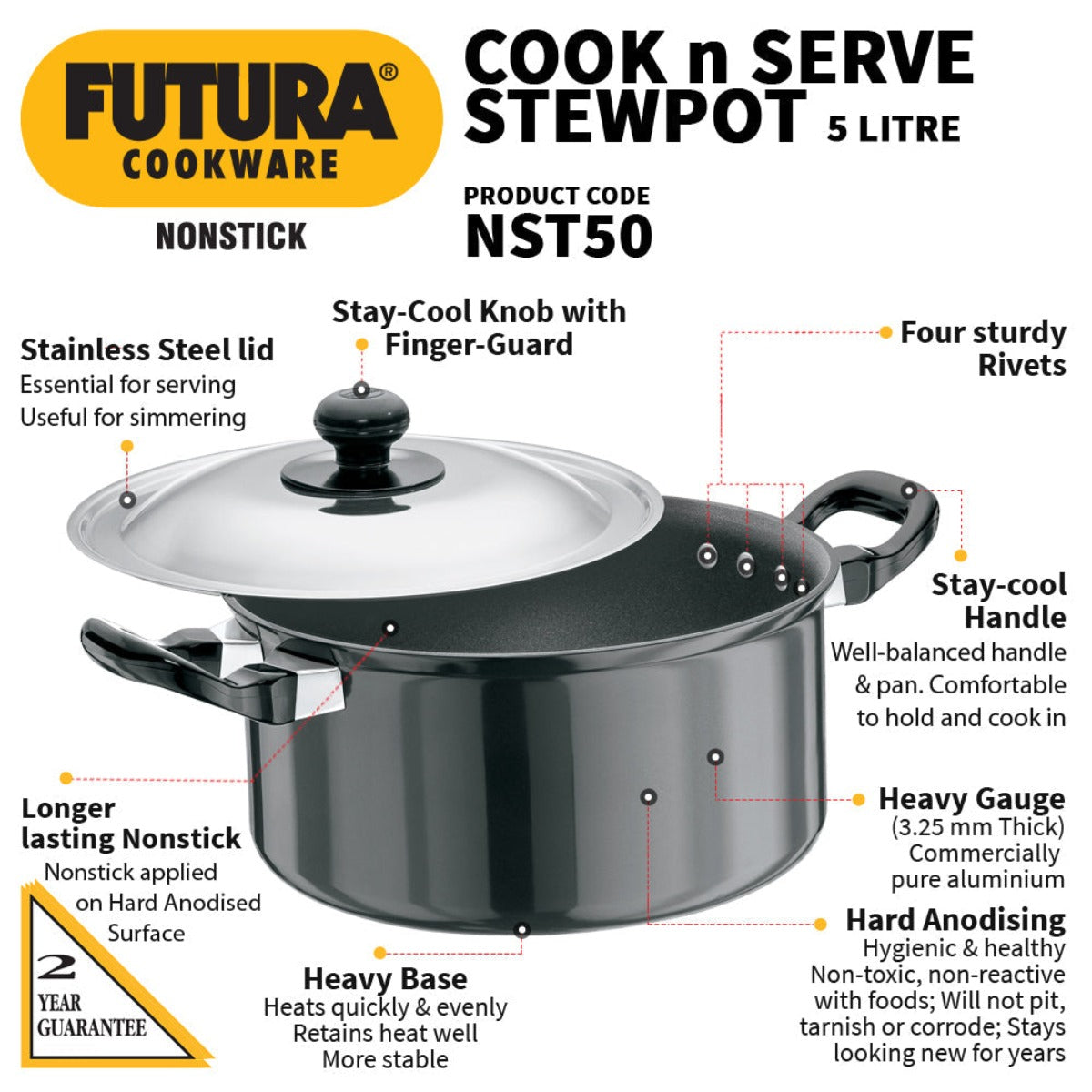 Futura Nonstick Cook n Serve Stewpot With Lid By Hawkins NST50