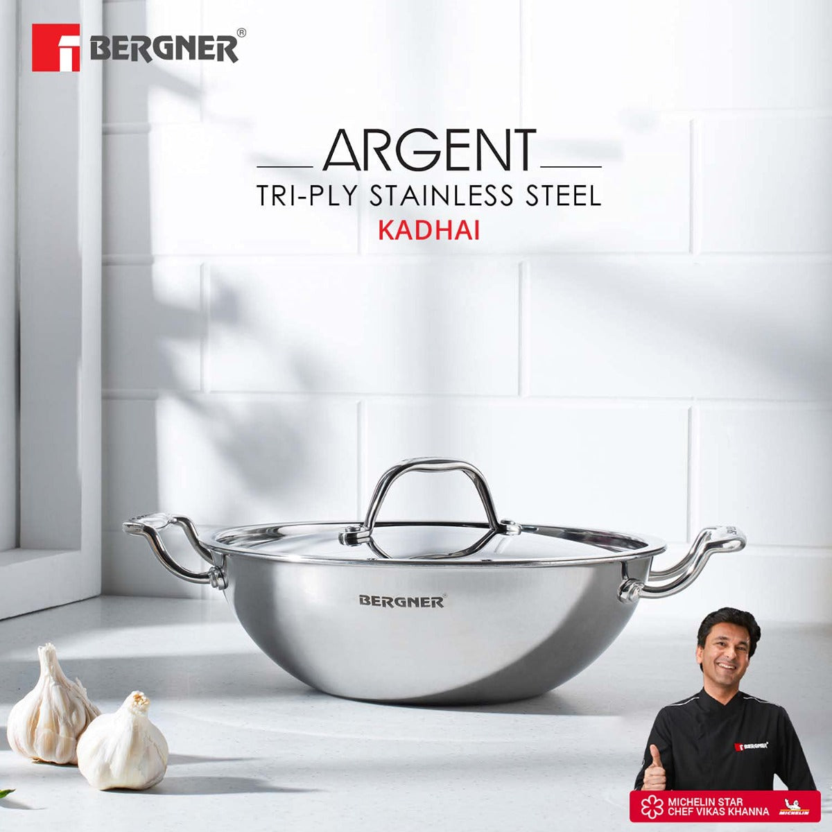 Bergner Argent Tri-Ply Stainless Steel Wok Kadhai With Lid