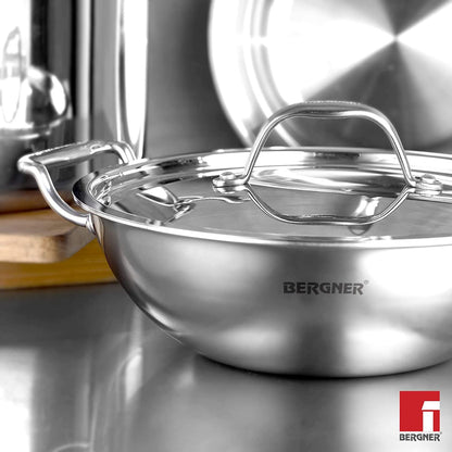 Bergner Argent Tri-Ply Stainless Steel Wok Kadhai With Lid